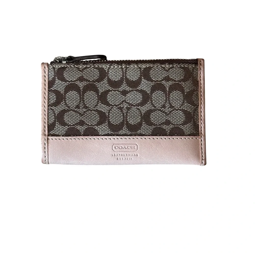 Coach Signature Jacquard Mini Skinny ID Case Wallet Tan Brown Key Ring